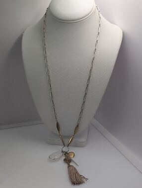 Stella & Dot Silver and Gold Mixed-Metal Chain Necklace with Beige Tassel